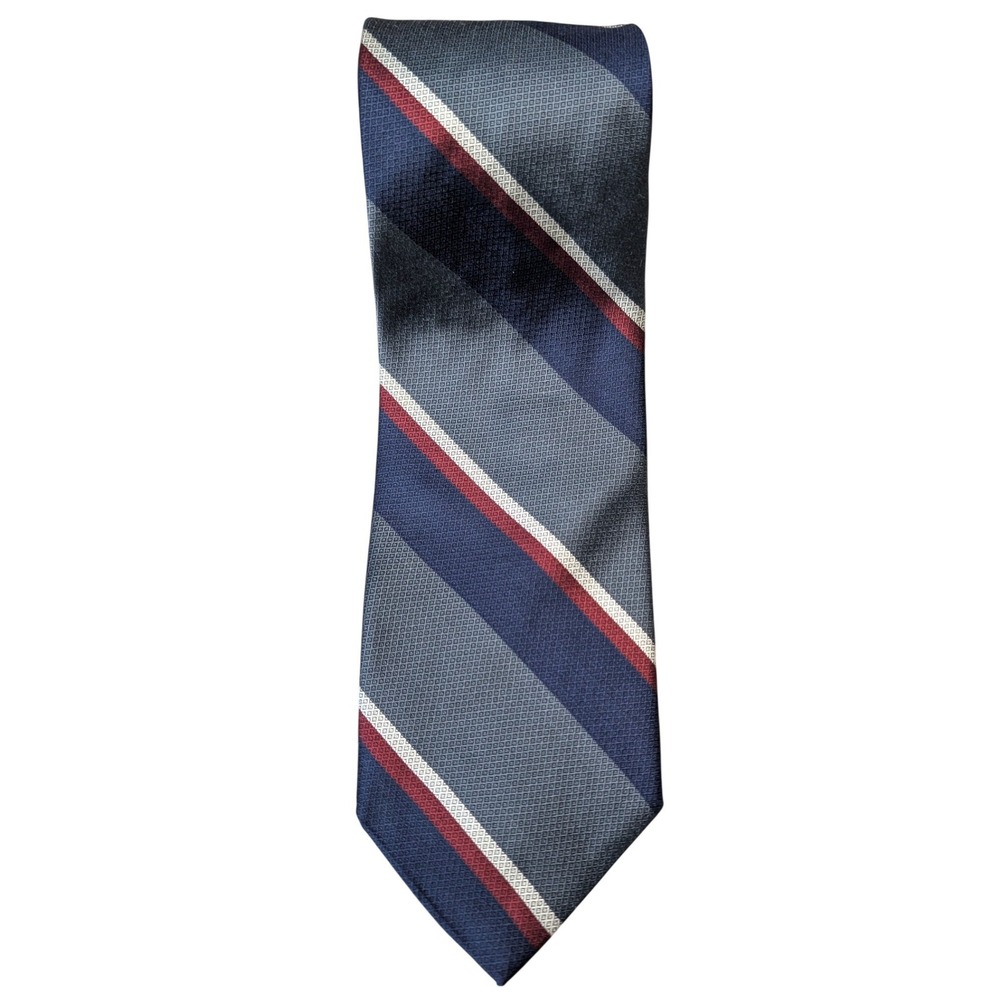 Brooks Brothers 100% silk tie featuring textured blue, purple, and grey stripes